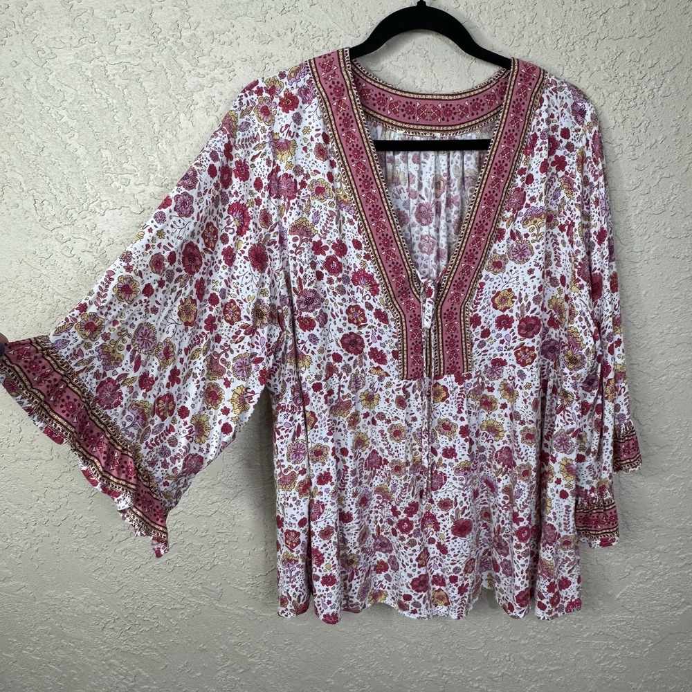 Cynthia Rowley Womens Floral Boho Tunic Top 1X Burgundy Pink Bell Sleeve V-Neck